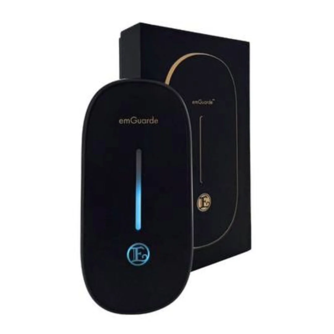 emGuarde Portable (EM002-K) device with blue indicator light alongside its black packaging box