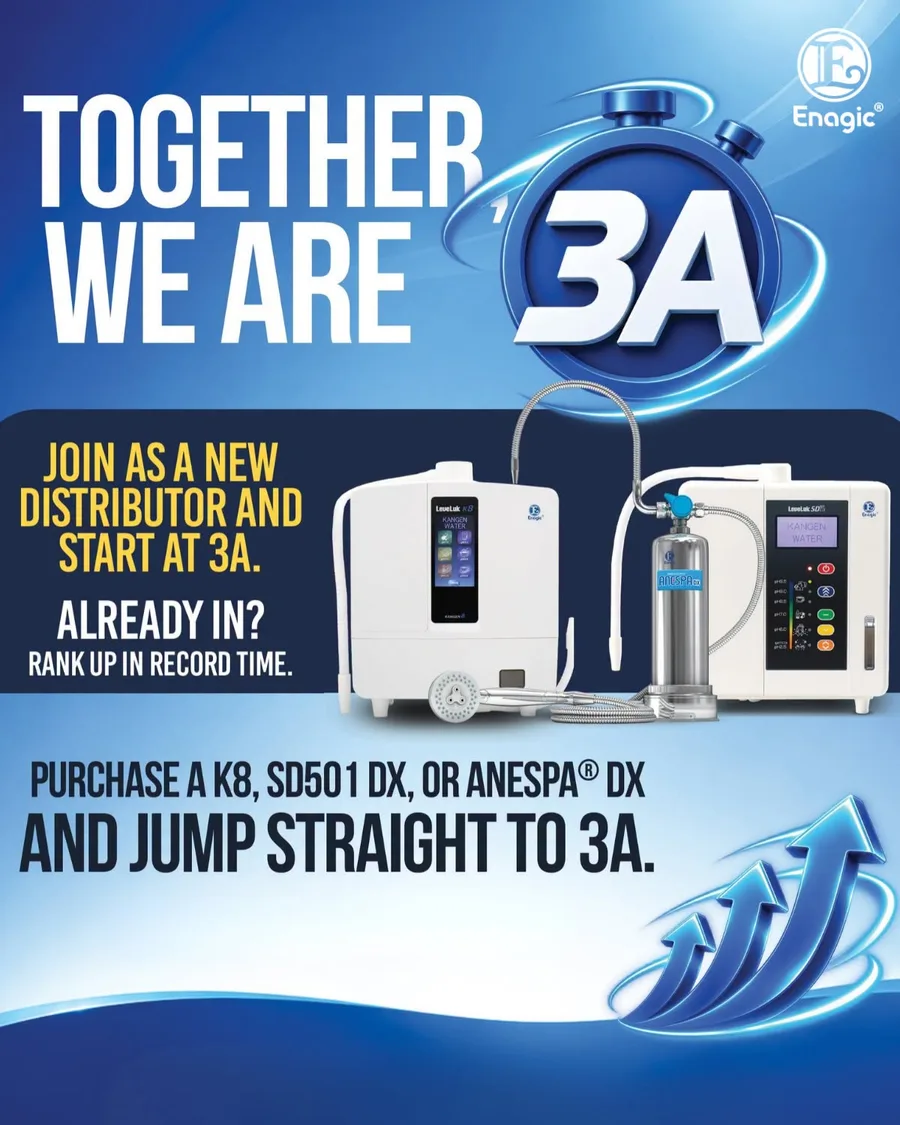 Enagic TOGETHER, WE ARE 3A campaign flyer: join as a new distributor and start at 3A, purchase a K8, SD501 DX or Anespa DX and jump straight to 3A